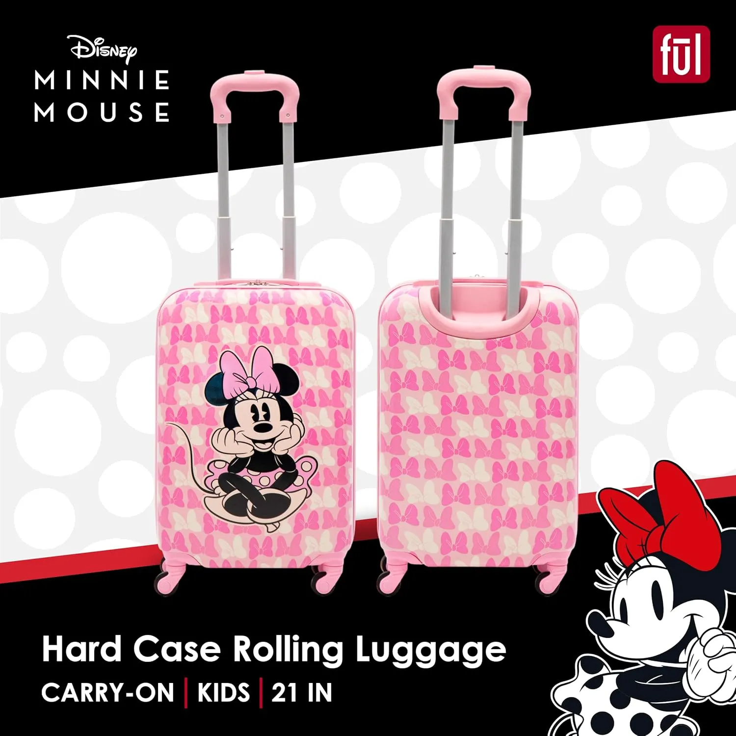 FUL Unisex Kid's Disney Minnie Mouse 21 Inch Carry On Luggage, Hardshell Rolling Suitcase with Spinner Wheels, Pink-Bows