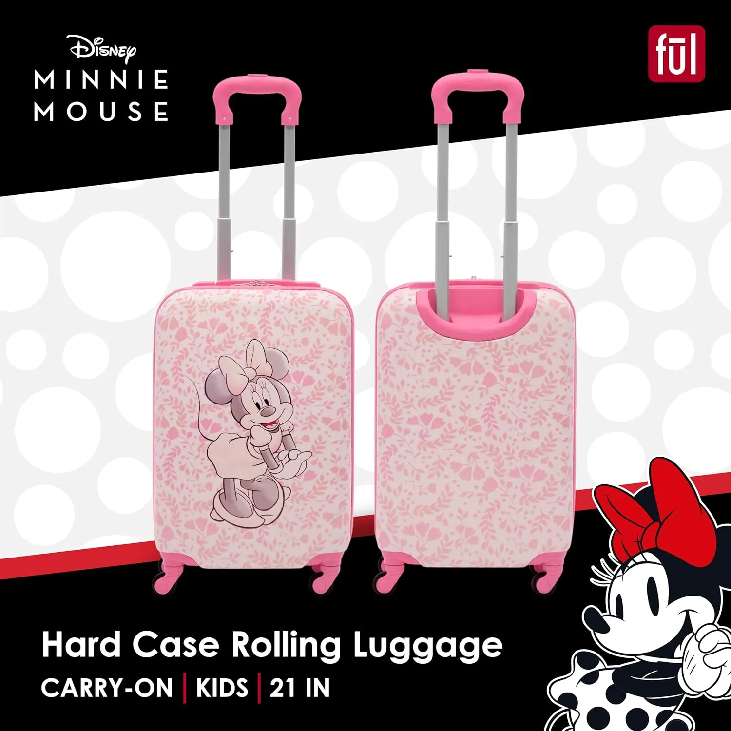 FUL Unisex Kid's Disney Minnie Mouse 21 Inch Carry On Luggage, Hardshell Rolling Suitcase with Spinner Wheels, Pink-Floral