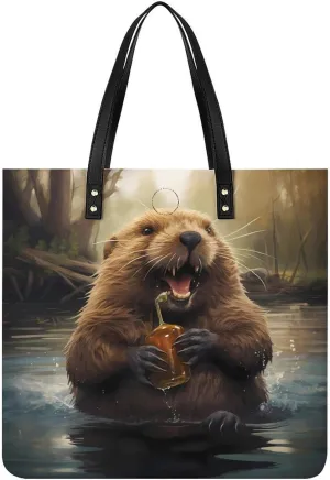 Funny Beaver Animal Tote Bags PU Leather Top Handle Satchel Handbags Shoulder Bags Travel Purse for Women Men