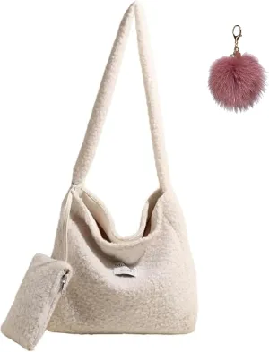Furry Purse for Women Faux Fur Bag Lambswool Fluffy Tote Bags with Small Wallet Fuzzy Purse Shoulder Handbags
