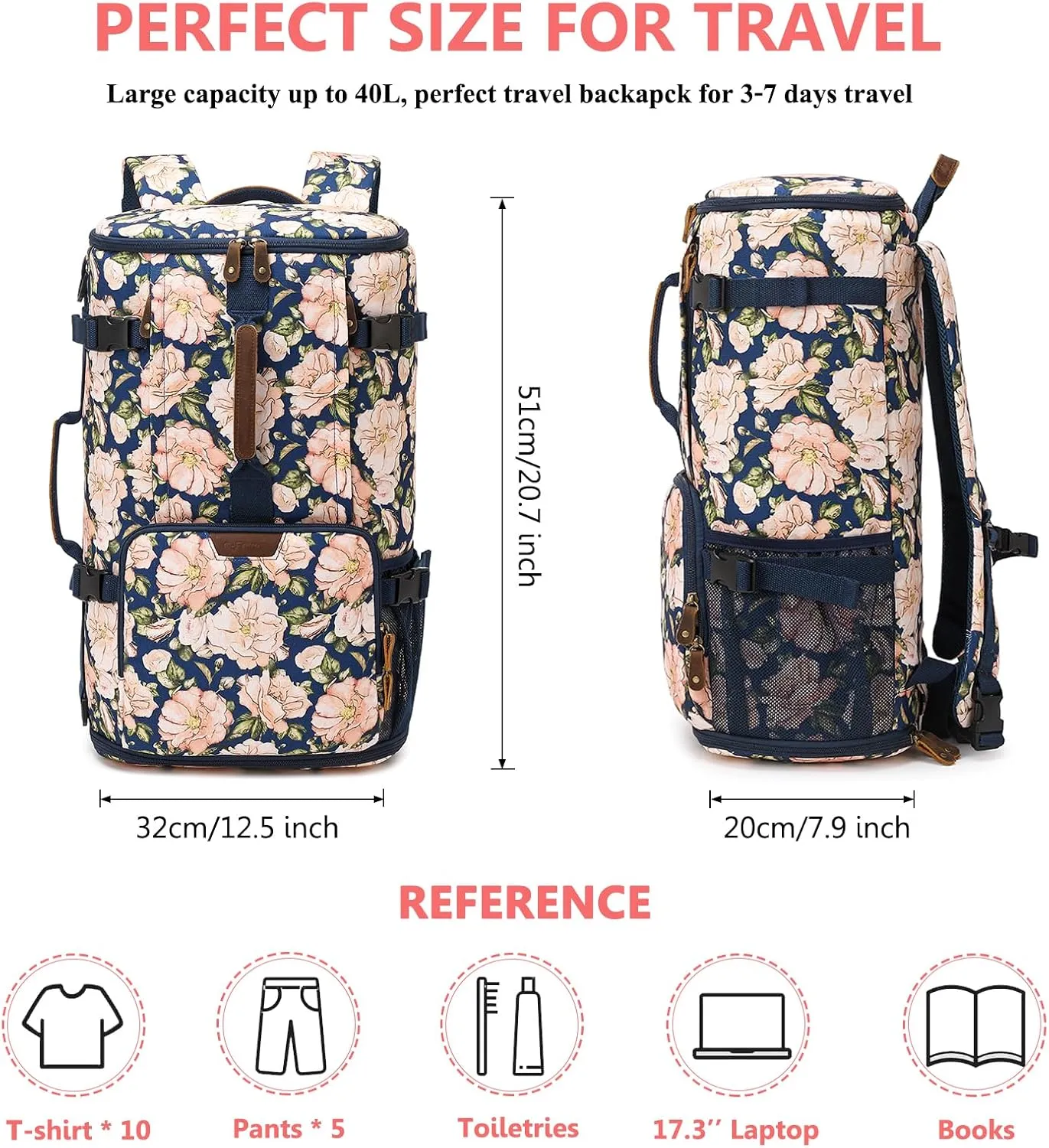 G-FAVOR Travel Backpack for Women, 40L Carry On Backpack Flight Approved Convertible Duffel Bag Backpack Fit for 17.3 Inch Laptop Bag, Floral