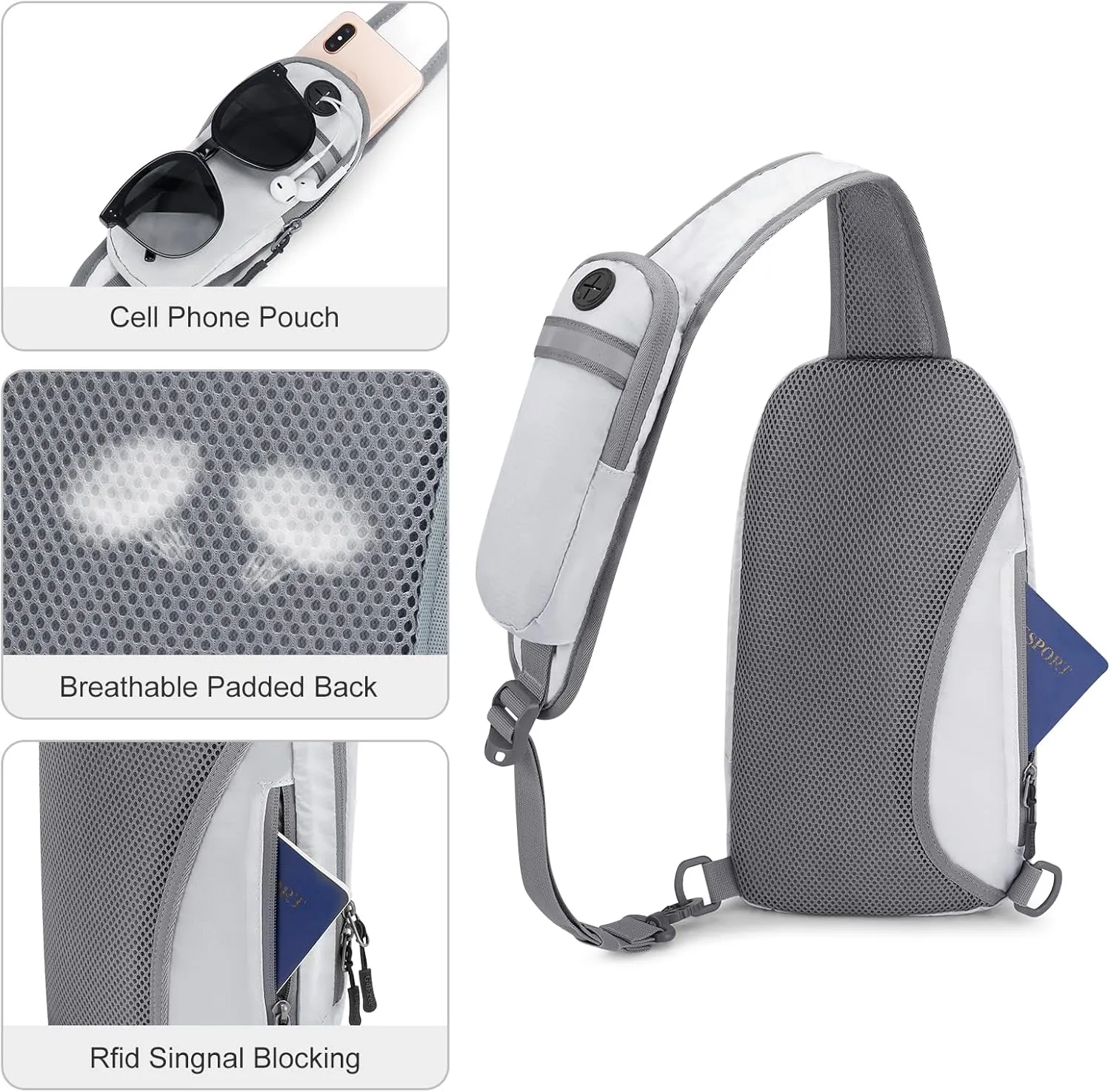 G4Free Sling Bag RFID Blocking Crossbody Backpack with Front Pocket Hiking Daypack Chest Bag for Women Men, White