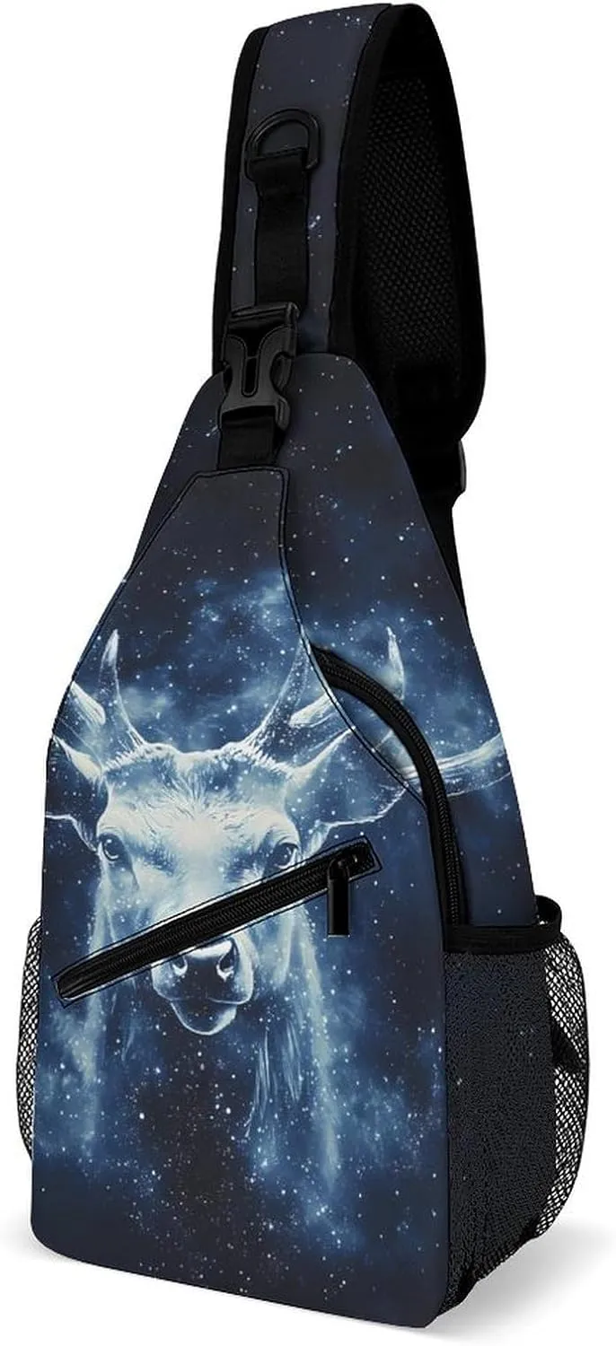 Galactic Deer Moose Casual Sling Bag Backpack Travel Shoulder Chest Crossbody Bags Adjustable Daypack Unisex