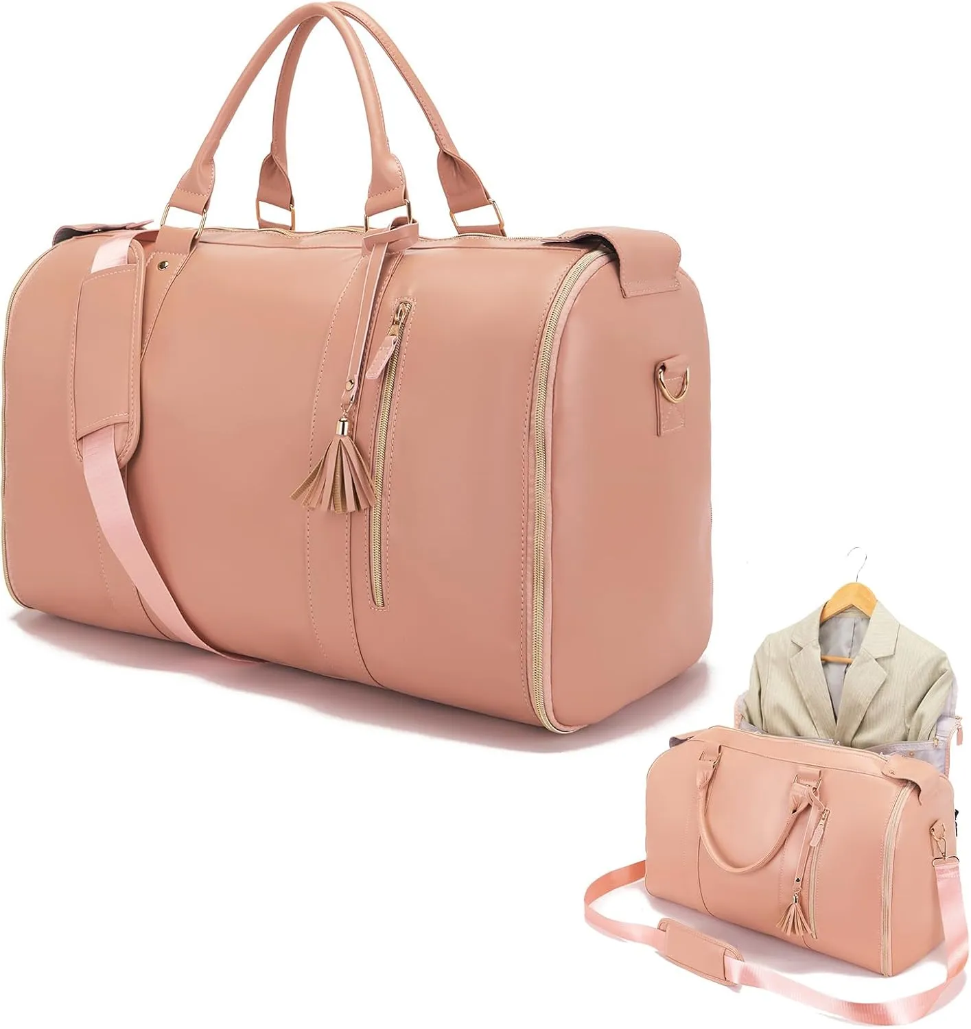 Garment Bag for Travel, Large PU Leather Carry On Garment Bag, 3 in 1 Hanging Suitcase Suit Weekender Travel Bags, Waterproof Garment Bags for Travel with Built-In Shoe PocketGifts for Women, Pink
