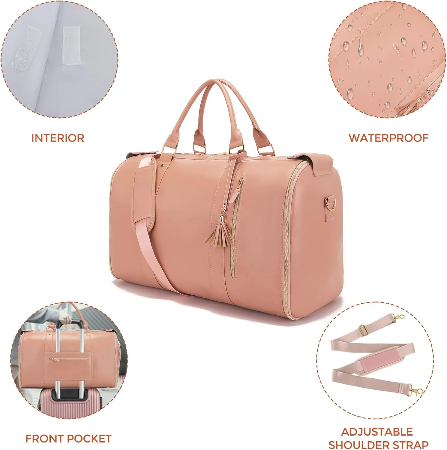 Garment Bag for Travel, Large PU Leather Carry On Garment Bag, 3 in 1 Hanging Suitcase Suit Weekender Travel Bags, Waterproof Garment Bags for Travel with Built-In Shoe PocketGifts for Women, Pink
