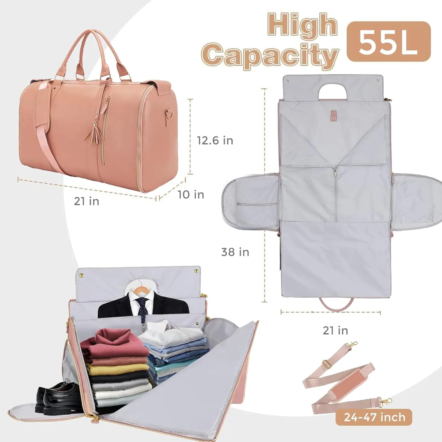 Garment Bag for Travel, Large PU Leather Carry On Garment Bag, 3 in 1 Hanging Suitcase Suit Weekender Travel Bags, Waterproof Garment Bags for Travel with Built-In Shoe PocketGifts for Women, Pink