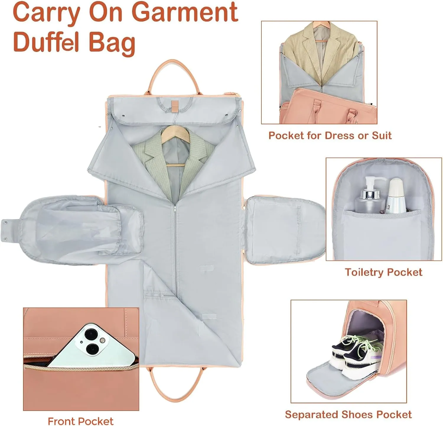 Garment Bag for Travel, Large PU Leather Carry On Garment Bag, 3 in 1 Hanging Suitcase Suit Weekender Travel Bags, Waterproof Garment Bags for Travel with Built-In Shoe PocketGifts for Women, Pink