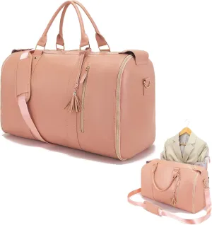 Garment Bag for Travel, Large PU Leather Carry On Garment Bag, 3 in 1 Hanging Suitcase Suit Weekender Travel Bags, Waterproof Garment Bags for Travel with Built-In Shoe PocketGifts for Women, Pink