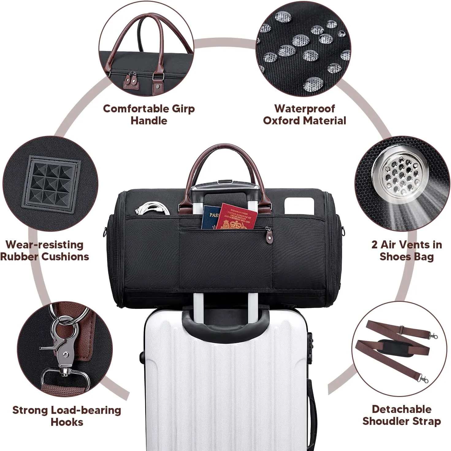Garment Bag for Travel, Vessgra Carry on Convertible Garment Duffle Bags for Men Women with Shoe Compartment - 2 in 1 Hanging Suitcase Suit Travel Bags