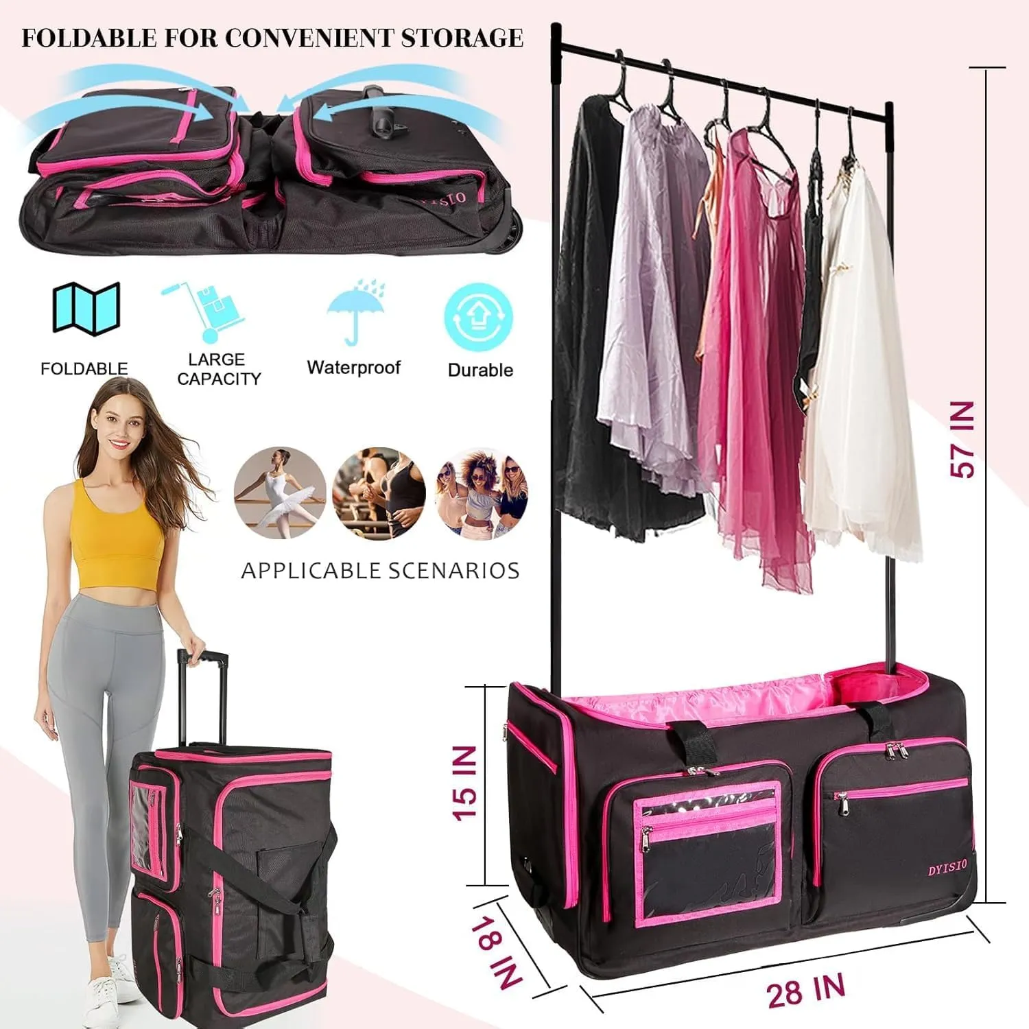 Garment bags for travel,28"dance bag with coat hanger, clothes rack dance suitcase, clothes rack for hanging clothes,Rolling garment bags with wheels