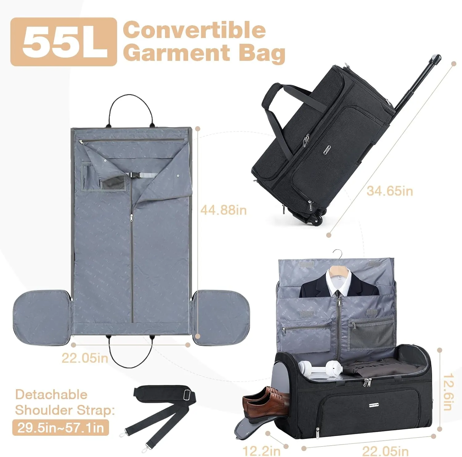 Garment Bags with Wheels, Garment Convertible Weekender Bags, Large Garment Bags for Travel, Duffle Luggage Bag Garment Bag (Black)