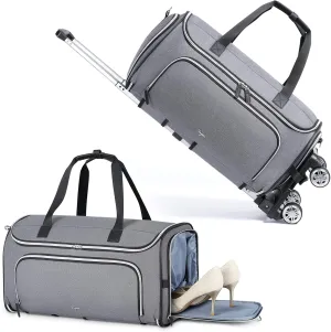 Garment Duffle Bag with wheels, Rolling Garment Bag for Travel, Convertible Carry on Garment Bag, Hanging Weekender Bag, Travel Duffle Bag for Women, Grey