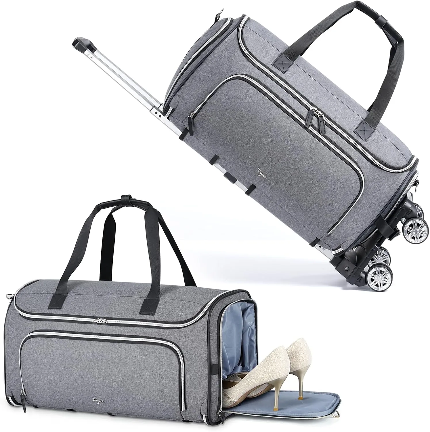 Garment Duffle Bag with wheels, Rolling Garment Bag for Travel, Convertible Carry on Garment Bag, Hanging Weekender Bag, Travel Duffle Bag for Women, Grey