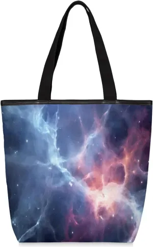 Gaseous Galactic Nebula Canvas Tote Bag with Zipper Inside Pocket Foldaway Women's Shoulder Bag Reusable Grocery Shopping Gift Bags 11 * 4 * 13.6 inches for Daily Work Outdoor Travel Beach Gym
