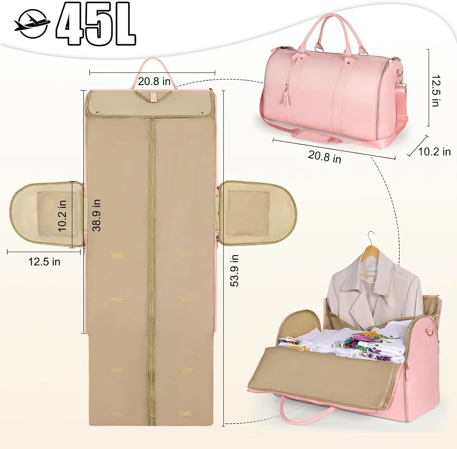Geestock Garment Bags for Travel, PU Leather Carry On Garment Duffle Bag for Women with Shoe Pouch, 2 in 1 Convertible Suit Travel Bag (Pink)