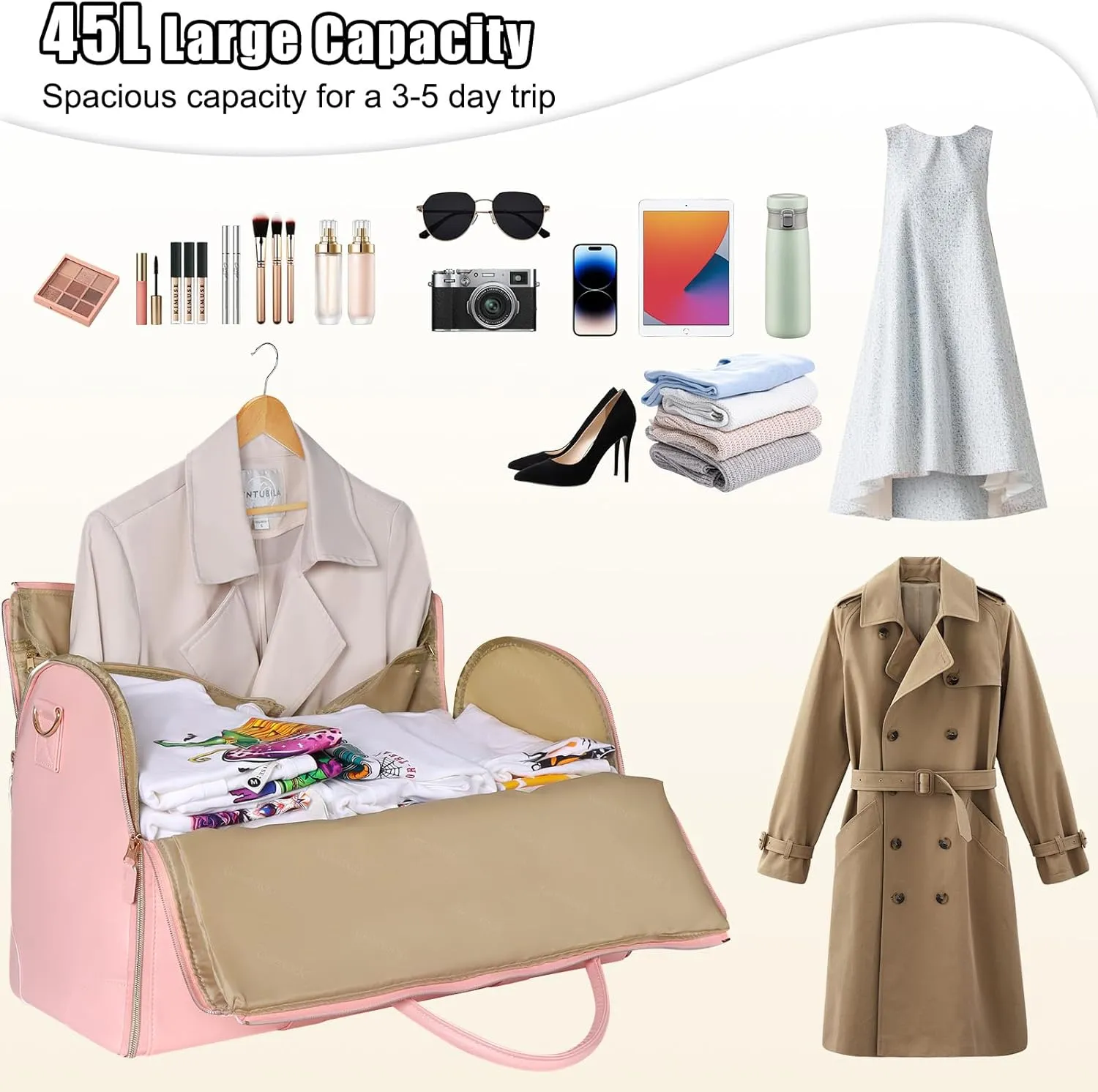 Geestock Garment Bags for Travel, PU Leather Carry On Garment Duffle Bag for Women with Shoe Pouch, 2 in 1 Convertible Suit Travel Bag (Pink)