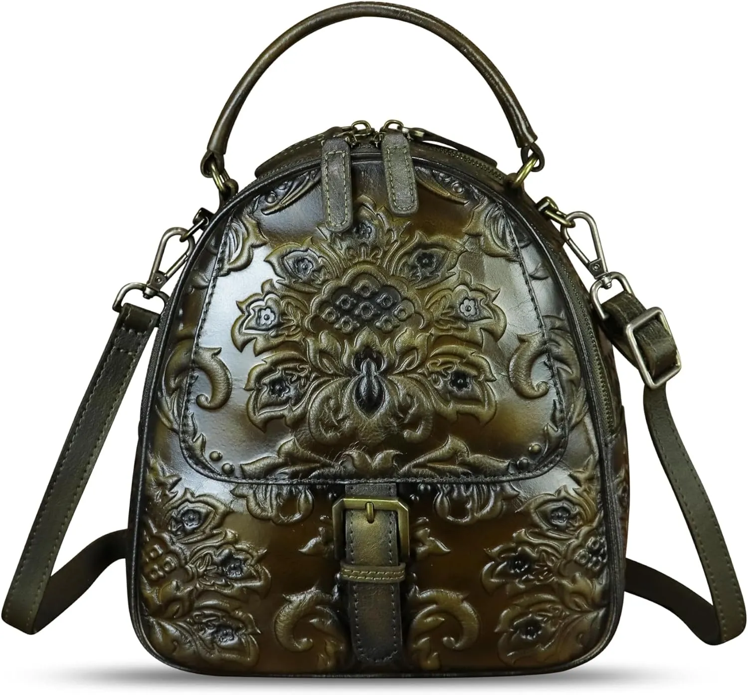 Genuine Leather Satchel for Women Purse Embossed Crossbody Handbag Top Handle Bags Handmade Convertible Backpack Knapsack