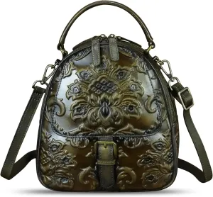 Genuine Leather Satchel for Women Purse Embossed Crossbody Handbag Top Handle Bags Handmade Convertible Backpack Knapsack