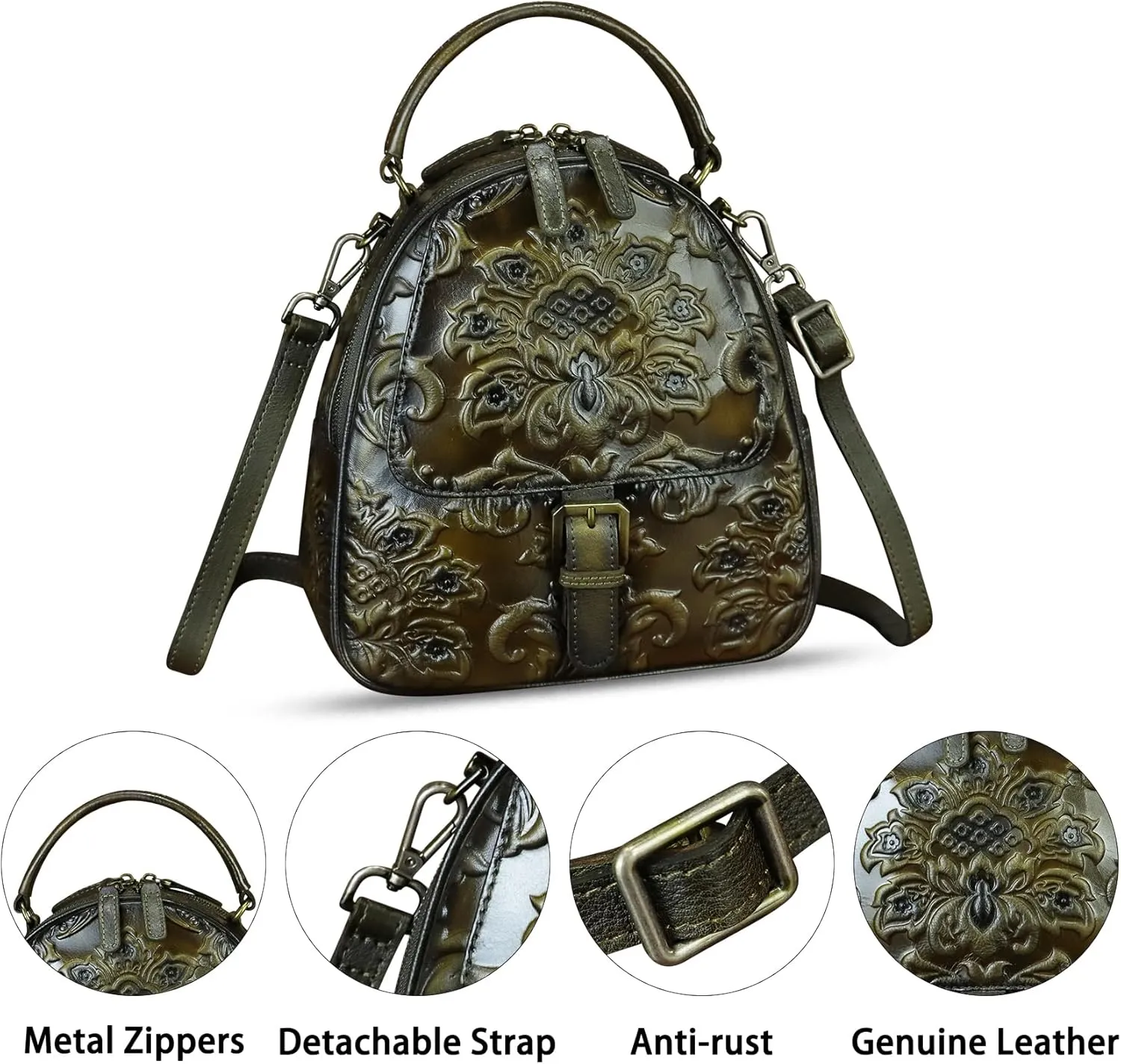 Genuine Leather Satchel for Women Purse Embossed Crossbody Handbag Top Handle Bags Handmade Convertible Backpack Knapsack