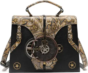 Genuine Leather Square Shoulder Bag Vintage Clutch Gothic Steampunk Retro Clock Design Cell Phone Purse Embossed Tote Bag