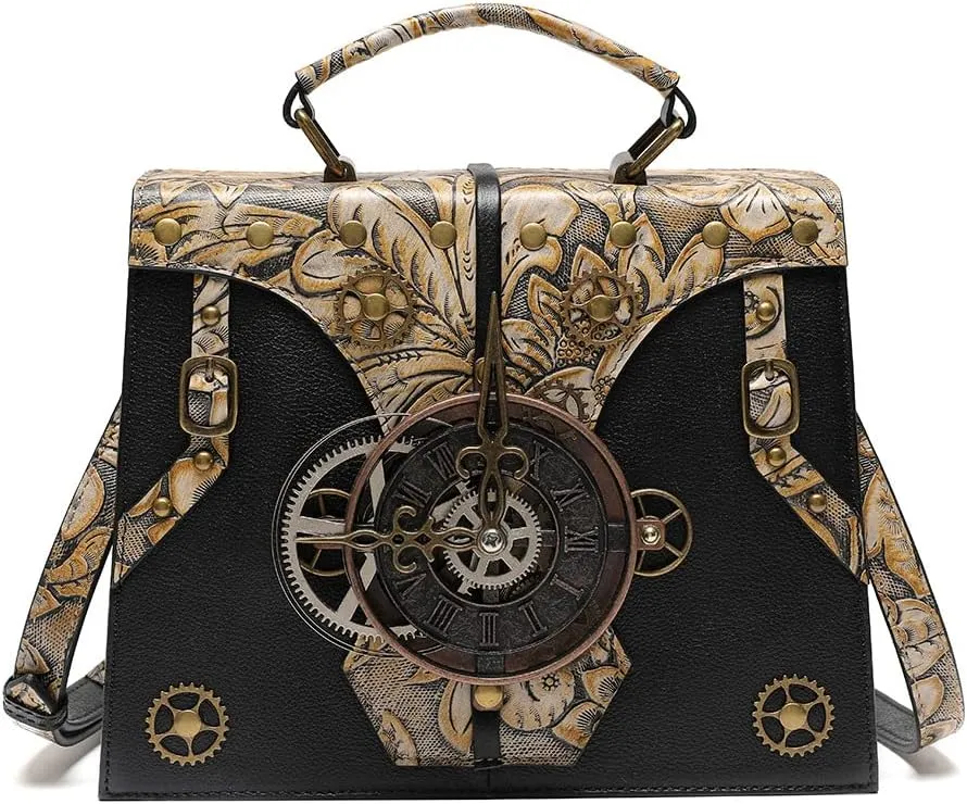 Genuine Leather Square Shoulder Bag Vintage Clutch Gothic Steampunk Retro Clock Design Cell Phone Purse Embossed Tote Bag