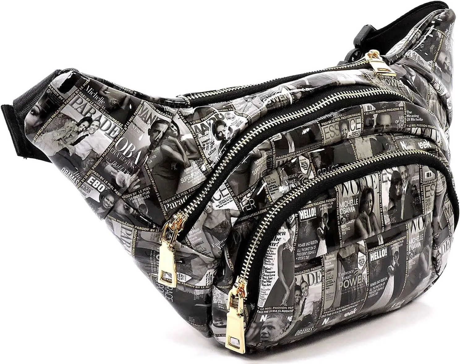 Glossy Magazine Cover Collage Michelle Obama and Barack Obama Fanny Pack Belt Bag Waist Pack Obama Purse (5-Black/White)