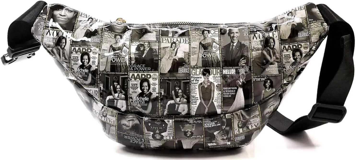 Glossy Magazine Cover Collage Michelle Obama and Barack Obama Fanny Pack Belt Bag Waist Pack Obama Purse (5-Black/White)