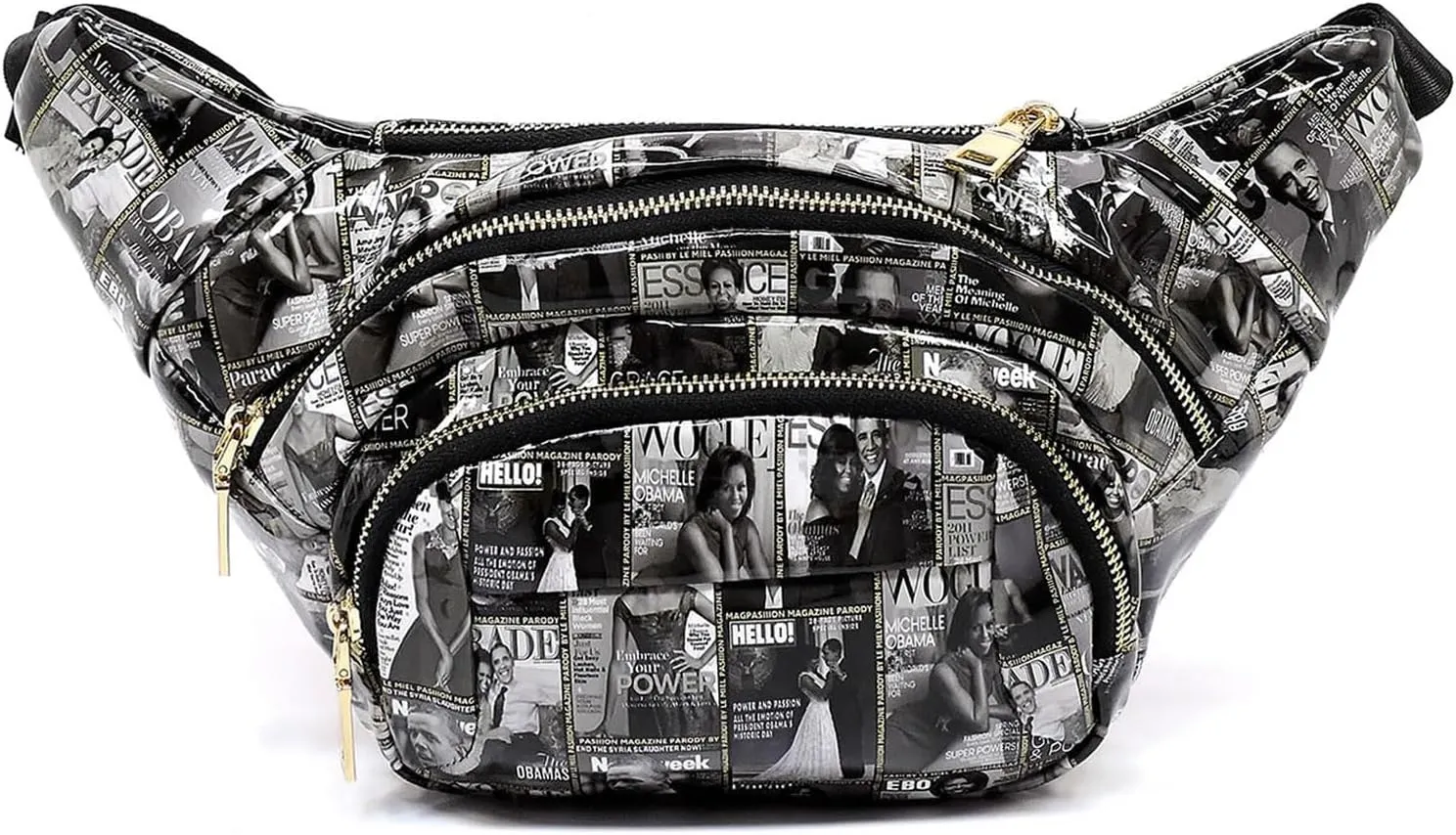 Glossy Magazine Cover Collage Michelle Obama and Barack Obama Fanny Pack Belt Bag Waist Pack Obama Purse (5-Black/White)