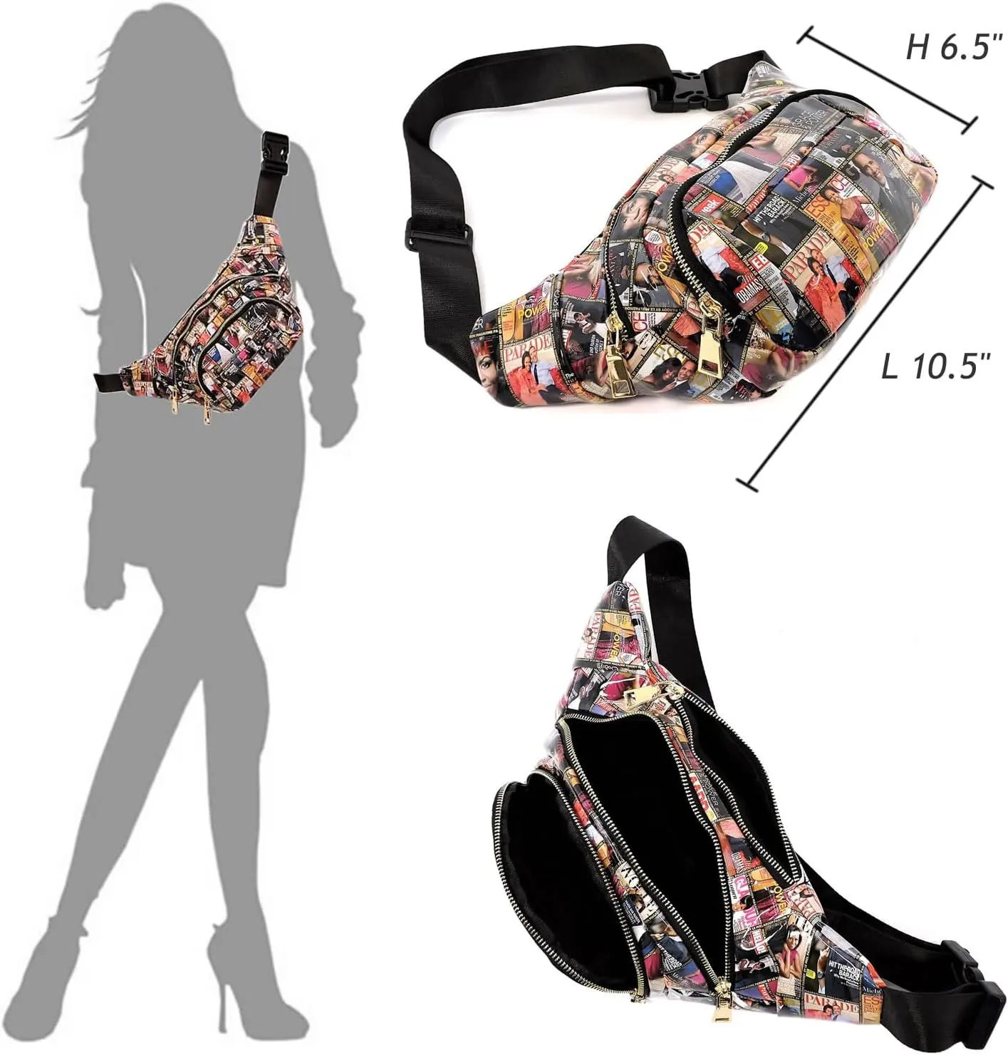 Glossy Magazine Cover Collage Michelle Obama and Barack Obama Fanny Pack Belt Bag Waist Pack Obama Purse (5-Black/White)