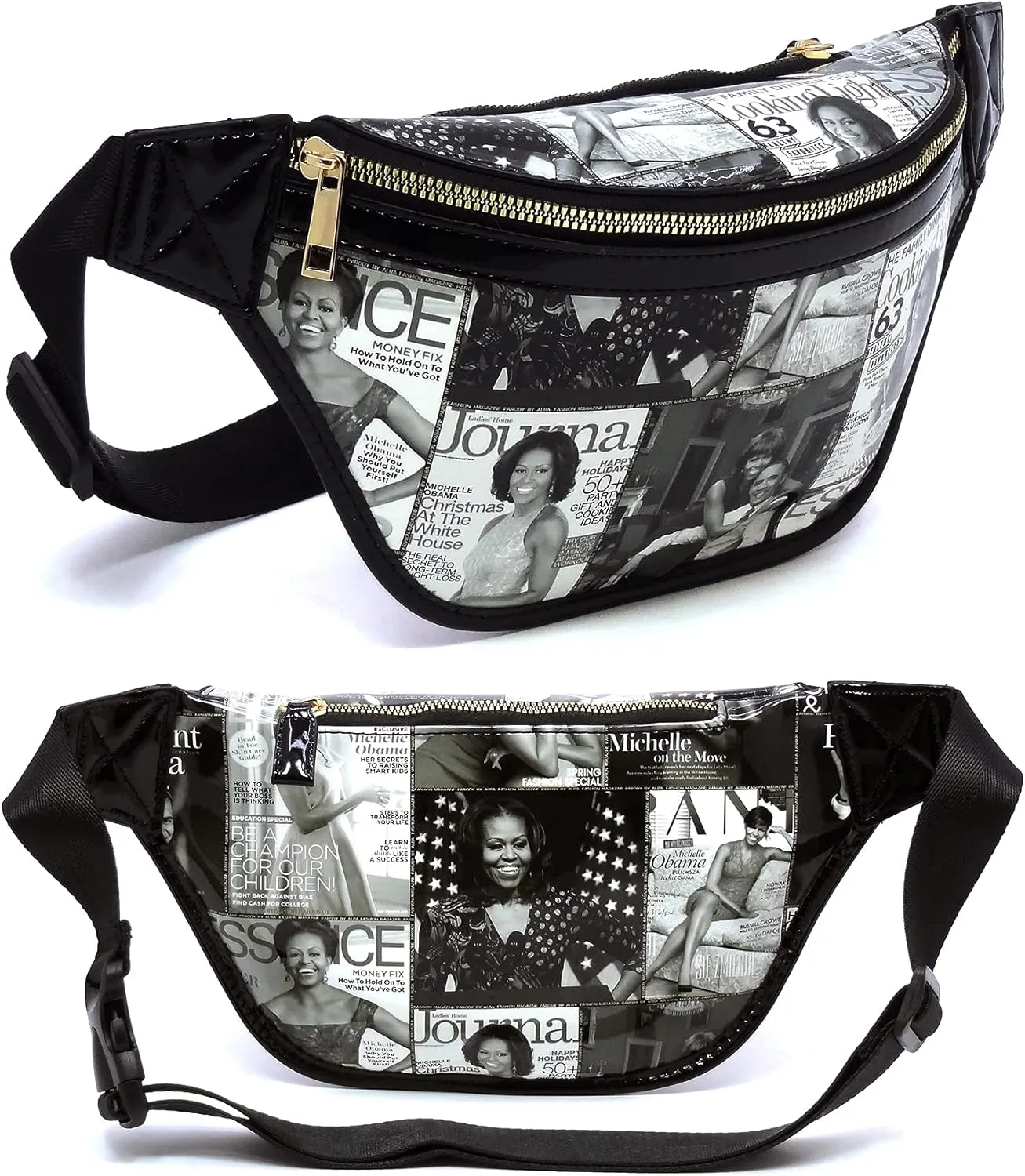 Glossy Magazine Cover Collage Michelle Obama and Barack Obama Fanny Pack Belt Bag Waist Pack Obama Purse (6-Grey/Black)