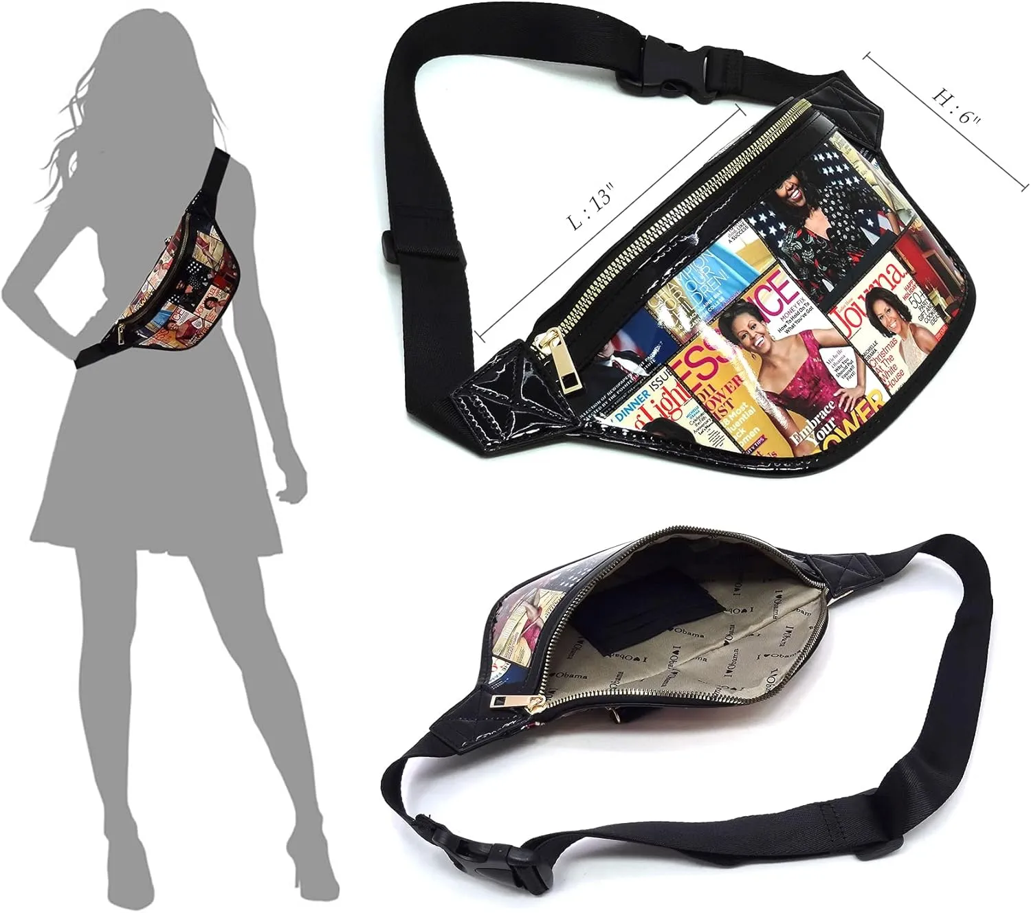 Glossy Magazine Cover Collage Michelle Obama and Barack Obama Fanny Pack Belt Bag Waist Pack Obama Purse (6-Grey/Black)