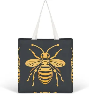 Golden Bee Insect Pattern Canvas Tote Bag Aesthetic Cute Cotton Tote Bag Fashion Tote Shoulder Bag Casual Grocery Shopping Bag for Vacation Work Travel Daily Use Gift