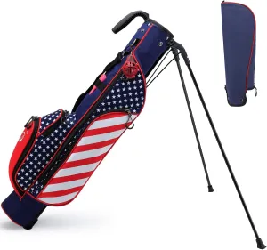 Golf Stand Bag, Lightweight Golf Club Bags with Stand, Detachable Strap, Small Carry Bags with 4 Pockets and Rain Hood, Ideal for Driving Range, Quick Nine and Par 3 Course, Gray/USA Flag