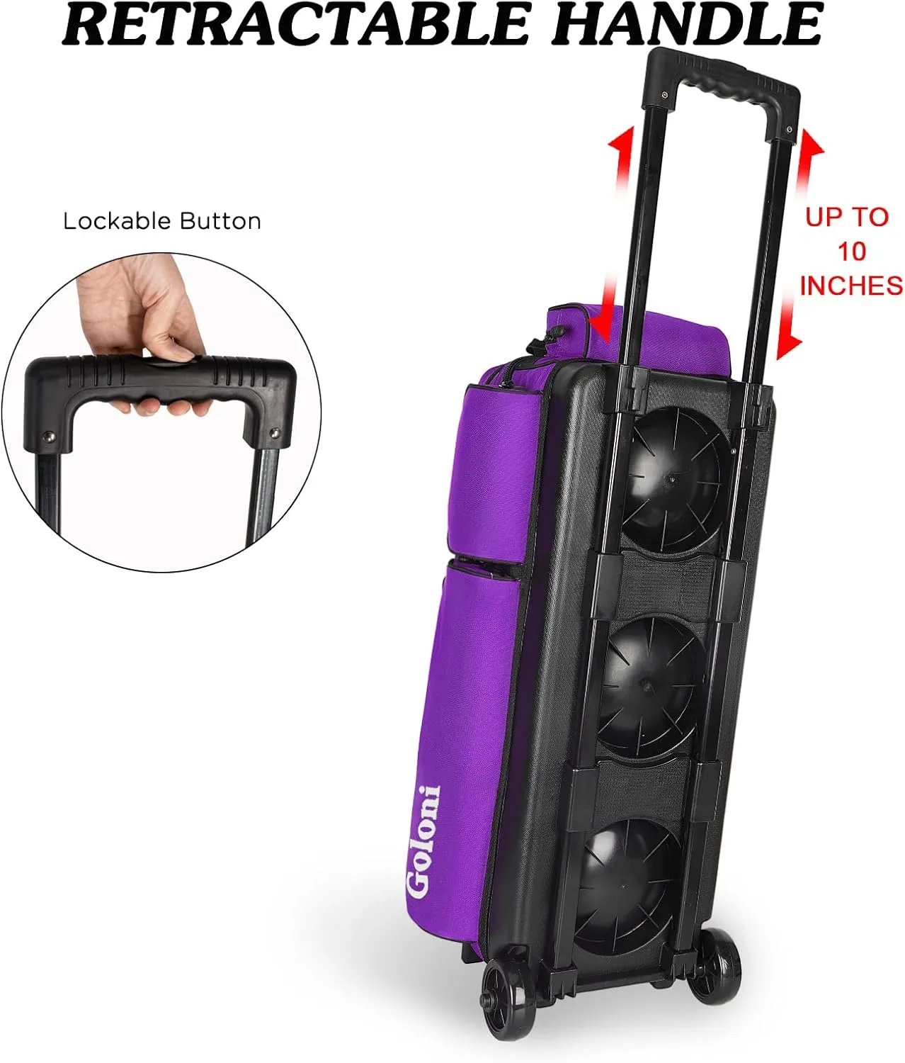 Goloni 3 Ball Bowling Bags with Wheels - Rolling Bowling Bag for 3 Balls & Accessories - Retractable Handle Extends to 38