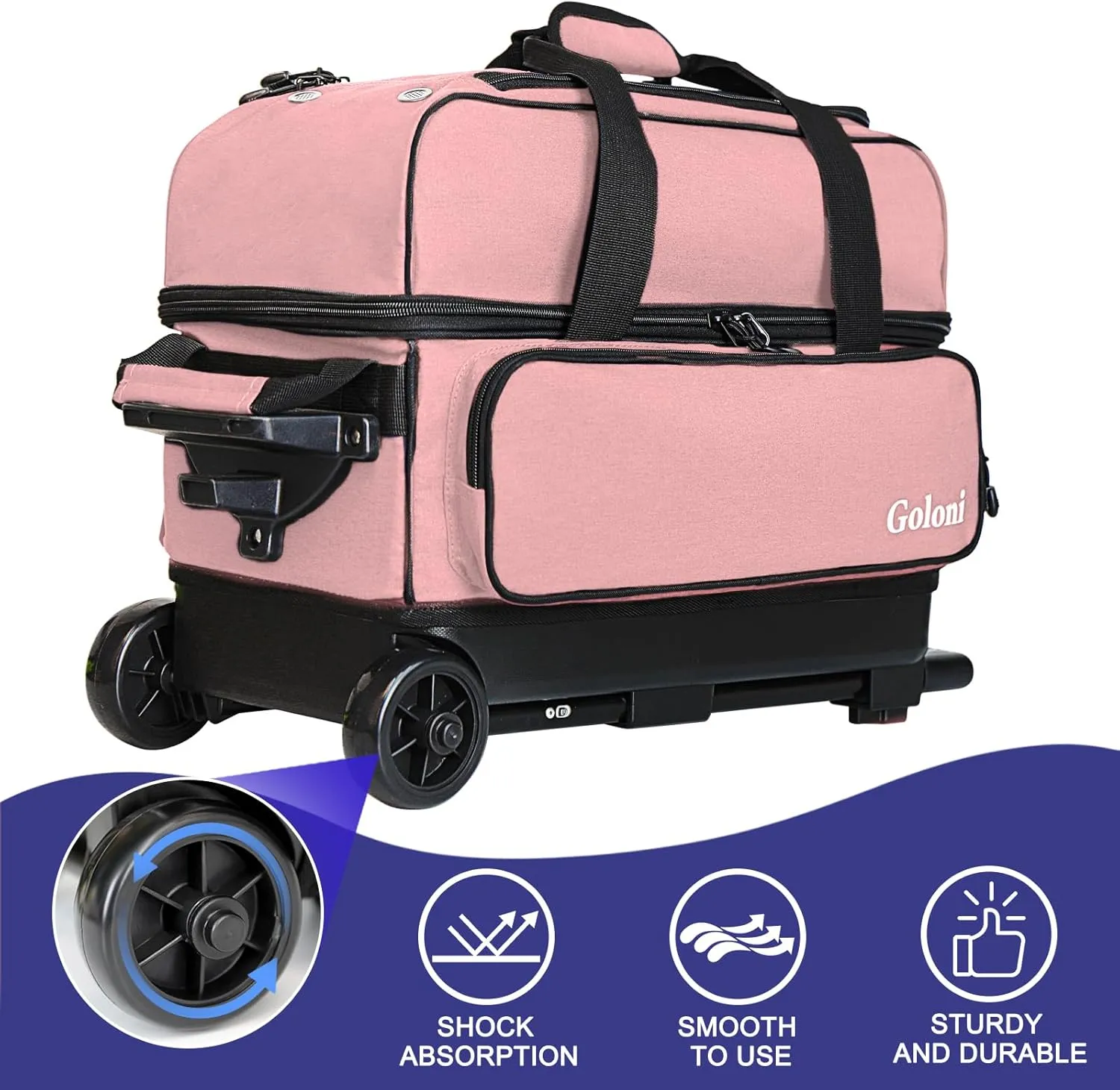 Goloni Double Roller 2 Ball Bowling Bag with Separate Shoe Compartment,2 Ball Bowling Bag with Wheels,Retractable Handle Extends to 40"