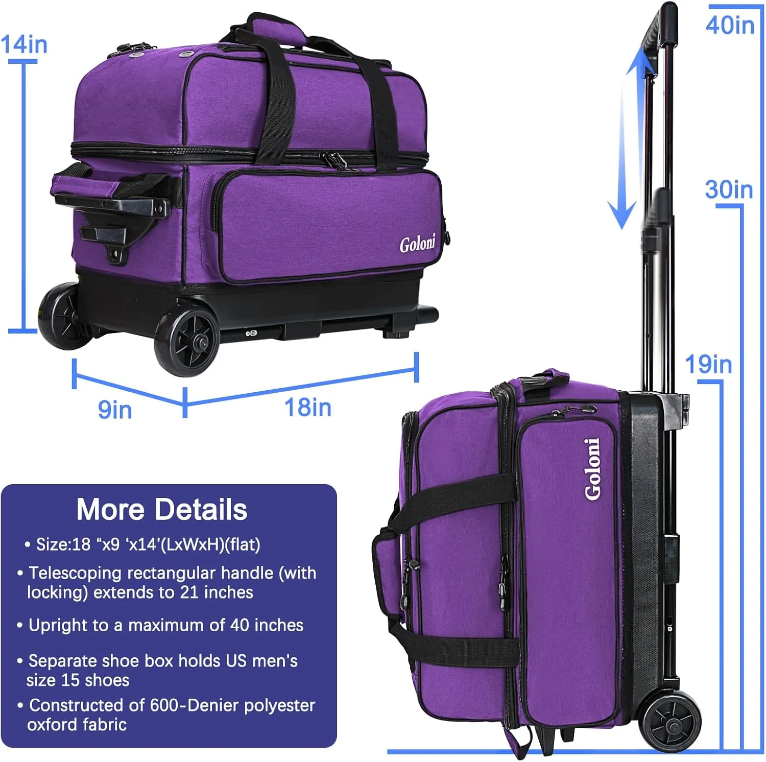 Goloni Double Roller 2 Ball Bowling Bag with Separate Shoe Compartment,2 Ball Bowling Bag with Wheels,Retractable Handle Extends to 40"