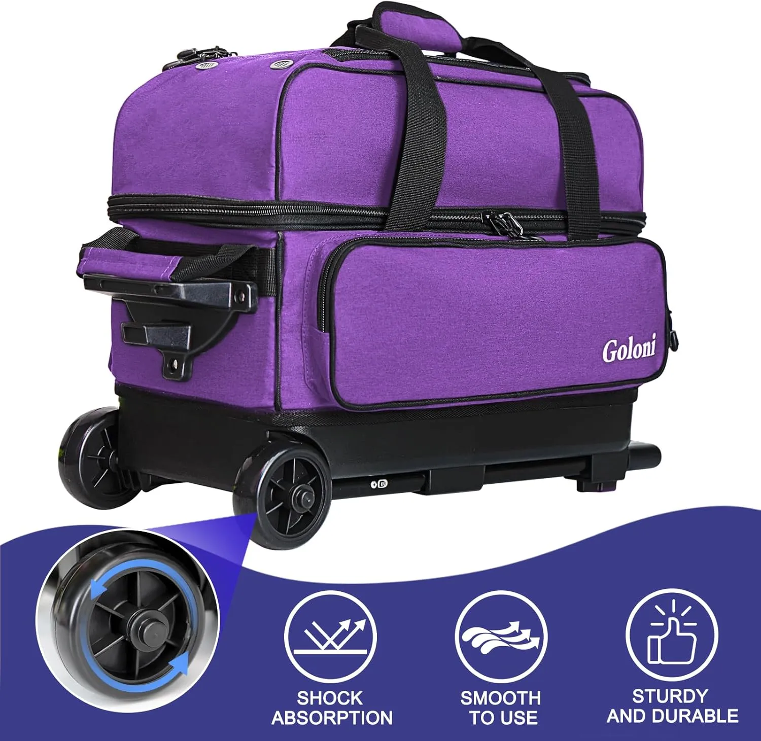 Goloni Double Roller 2 Ball Bowling Bag with Separate Shoe Compartment,2 Ball Bowling Bag with Wheels,Retractable Handle Extends to 40"