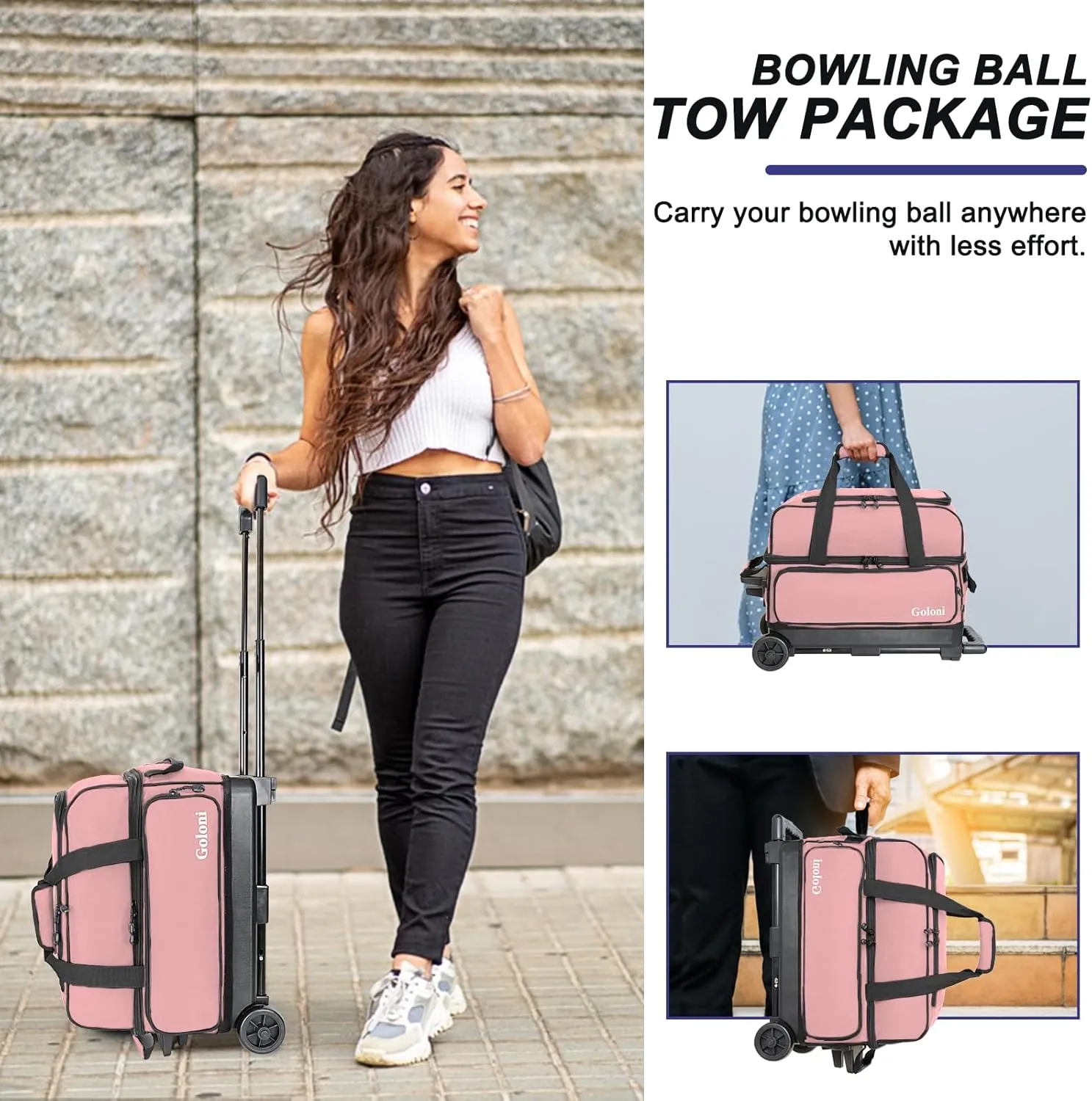 Goloni Double Roller 2 Ball Bowling Bag with Separate Shoe Compartment,2 Ball Bowling Bag with Wheels,Retractable Handle Extends to 40"