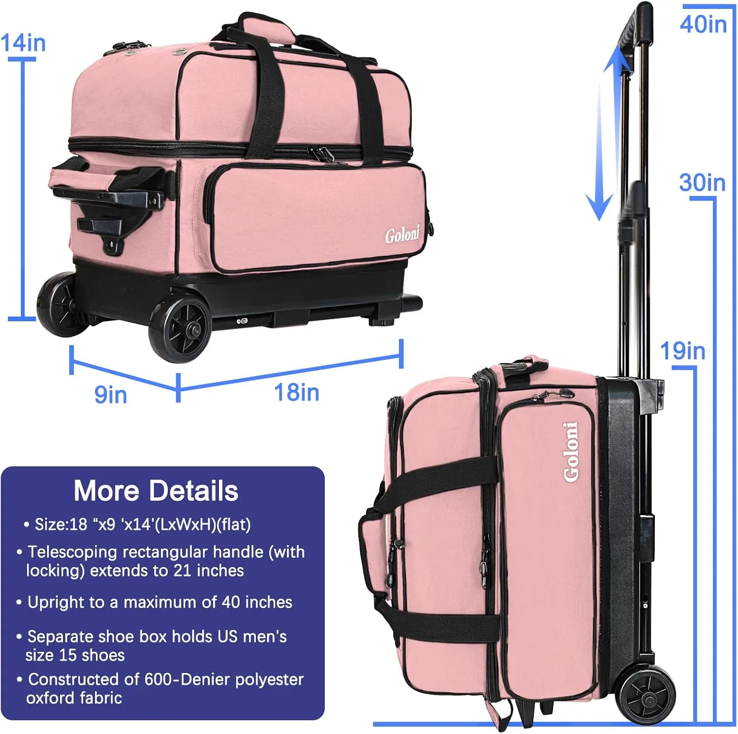 Goloni Double Roller 2 Ball Bowling Bag with Separate Shoe Compartment,2 Ball Bowling Bag with Wheels,Retractable Handle Extends to 40"