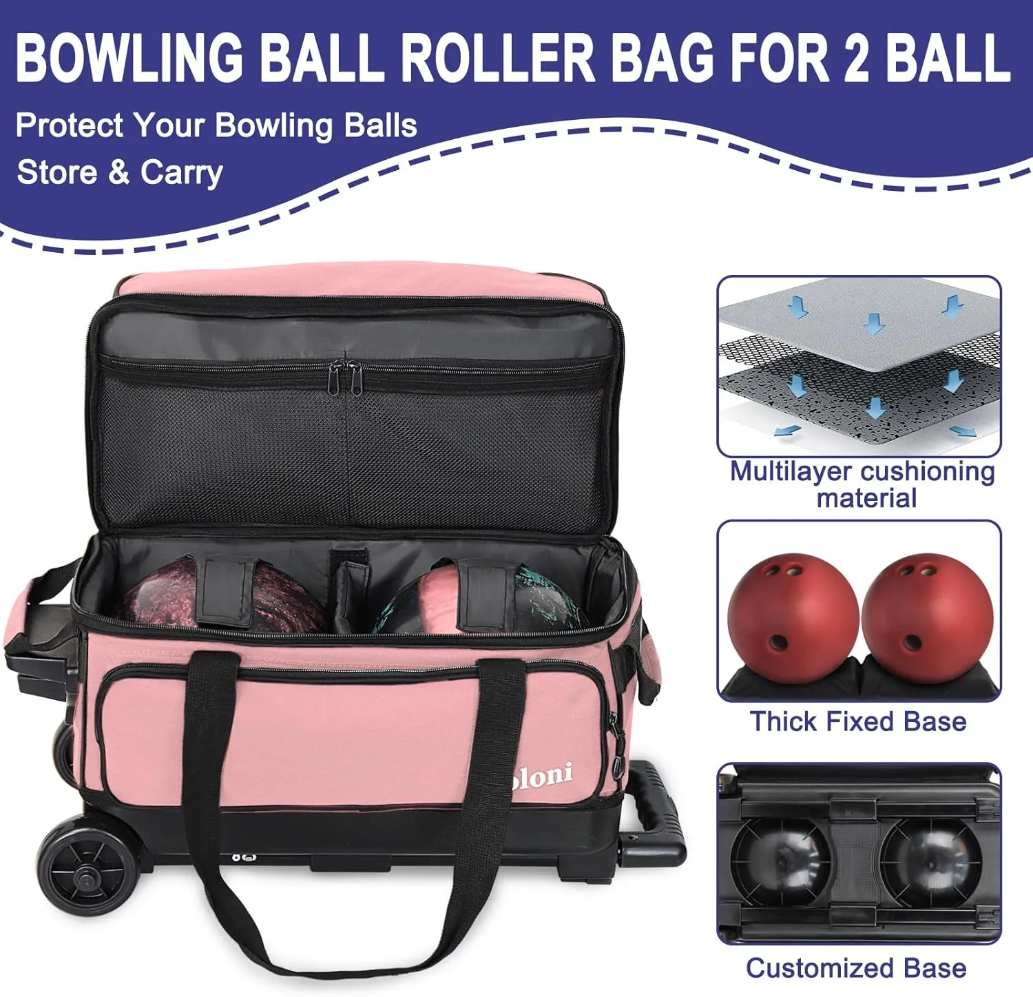 Goloni Double Roller 2 Ball Bowling Bag with Separate Shoe Compartment,2 Ball Bowling Bag with Wheels,Retractable Handle Extends to 40"