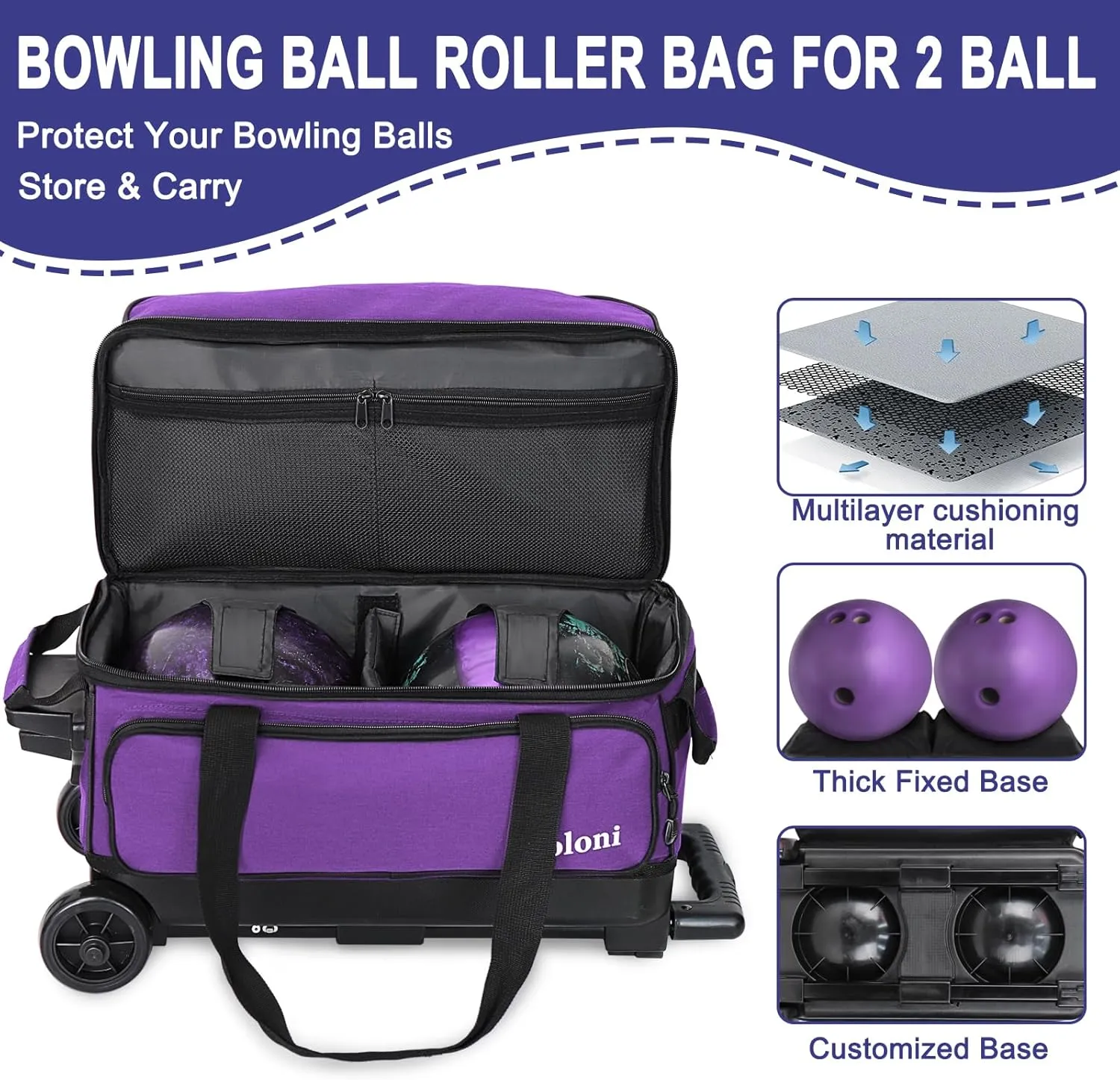 Goloni Double Roller 2 Ball Bowling Bag with Separate Shoe Compartment,2 Ball Bowling Bag with Wheels,Retractable Handle Extends to 40"
