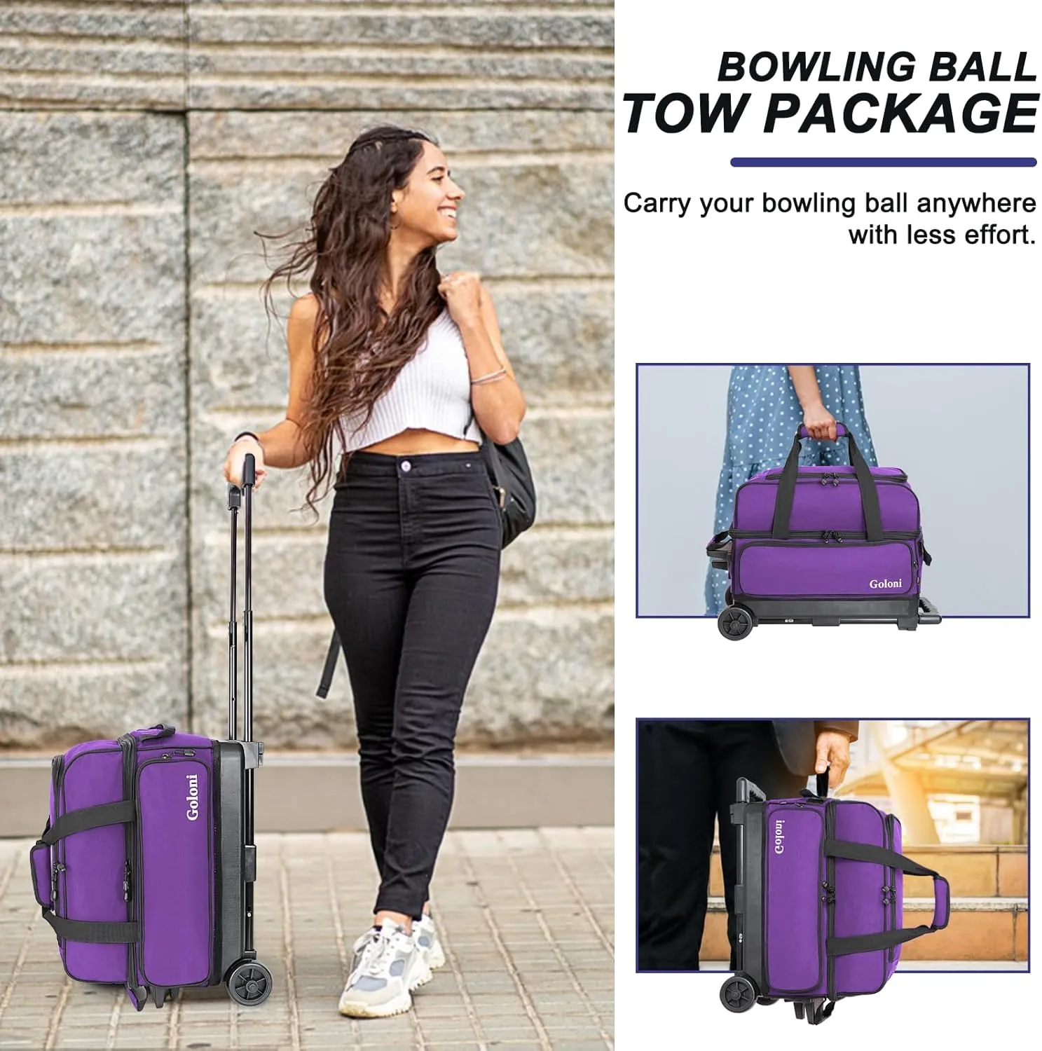 Goloni Double Roller 2 Ball Bowling Bag with Separate Shoe Compartment,2 Ball Bowling Bag with Wheels,Retractable Handle Extends to 40"