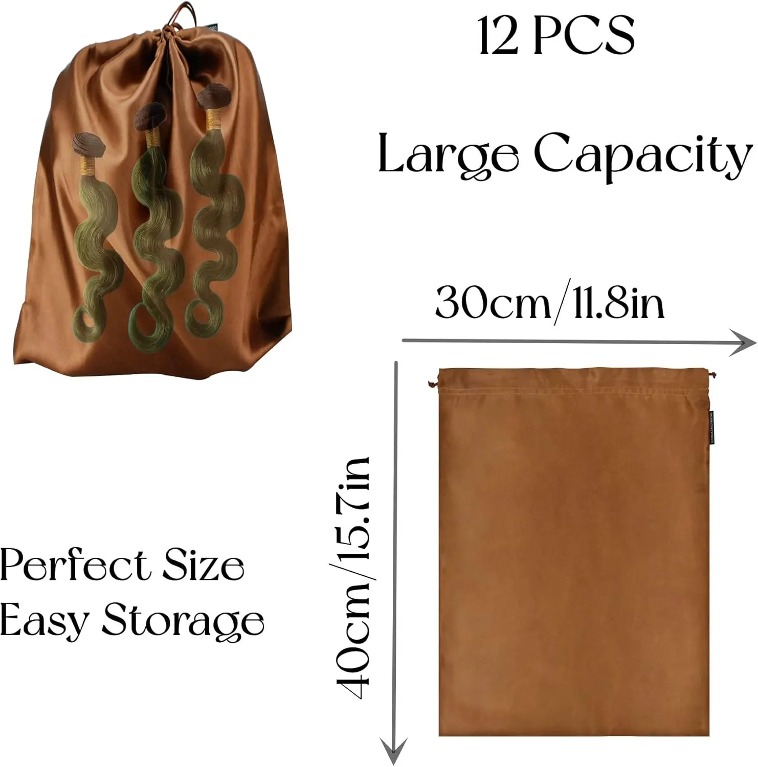 GONGKANGYUAN 12 Pcs Satin Wig Bags with Drawstring Satin Bag for Packaging Hair Extensions Wigs Soft Silk Pouches Hair Tools Storage Bags for Home and Salon (Brown)