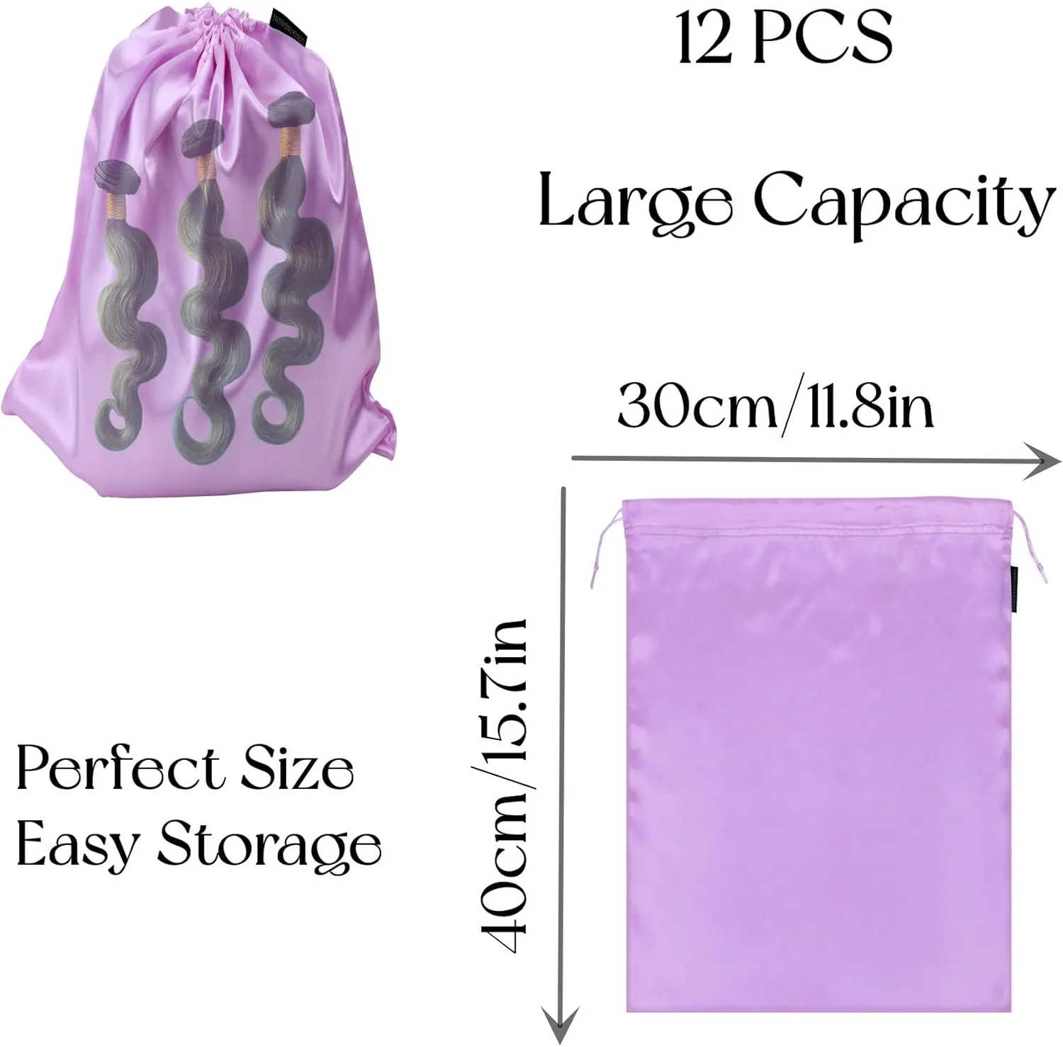 GONGKANGYUAN 12 Pcs Satin Wig Bags with Drawstring Satin Bag for Packaging Hair Extensions Wigs Soft Silk Pouches Hair Tools Storage Bags for Home and Salon (Violets)