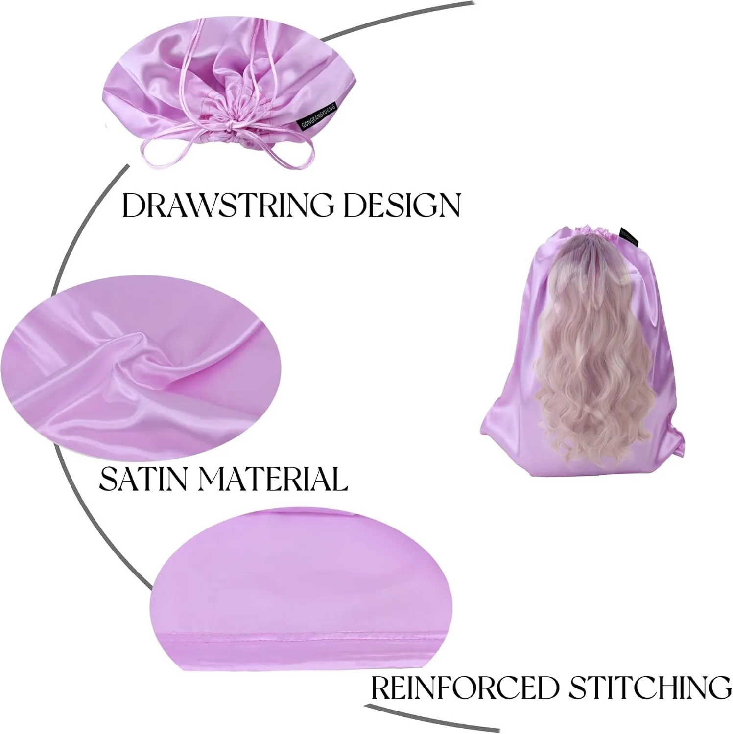 GONGKANGYUAN 12 Pcs Satin Wig Bags with Drawstring Satin Bag for Packaging Hair Extensions Wigs Soft Silk Pouches Hair Tools Storage Bags for Home and Salon (Violets)