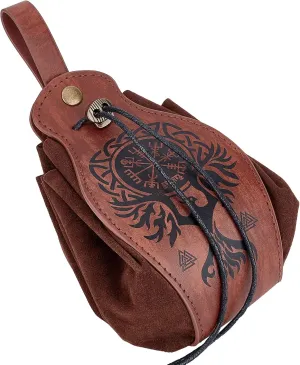 GORGECRAFT Leather Drawstring Pouch Medieval Vintage Waist Bag Phoenix Pattern Printed Portable Fanny Pack Fashion Brown Dice Coin Purse for Women Men Hiking Waist Packs Costume Accessories