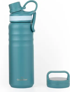 GrandTies 2 Lids Sports Stainless Steel Water Bottles – Wide Mouth Vacuum Insulated Reusable Leak Proof BPA-Free Travel Metal Canteen, Thermos Bottles for Men Women Gym (Atlantis Blue, 24 oz)