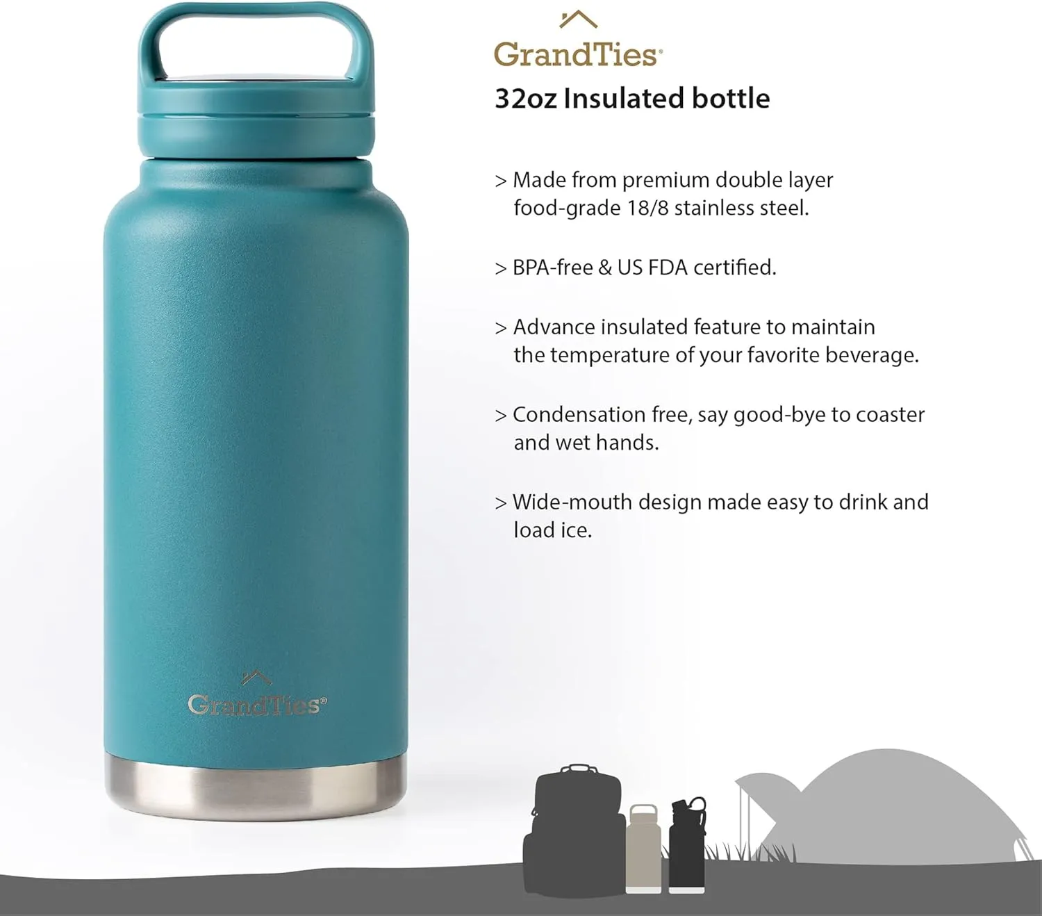 GRANDTIES 2 Lids Sports Stainless Steel Water Bottles – Wide Mouth Vacuum Insulated Reusable Leak Proof BPA-Free Travel Metal Canteen, Thermos Bottles for Men Women Gym (Atlantis Blue 32 oz)
