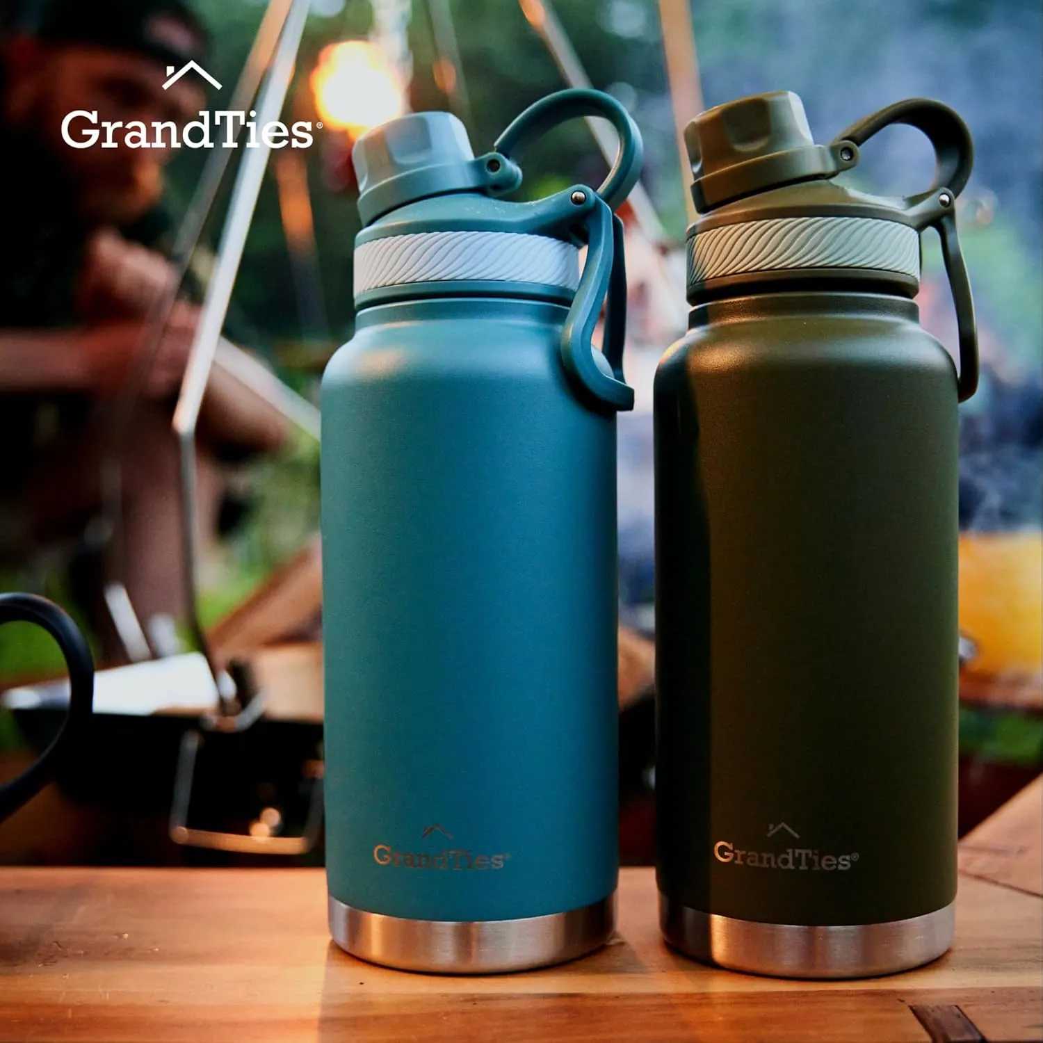 GRANDTIES 2 Lids Sports Stainless Steel Water Bottles – Wide Mouth Vacuum Insulated Reusable Leak Proof BPA-Free Travel Metal Canteen, Thermos Bottles for Men Women Gym (Atlantis Blue 32 oz)