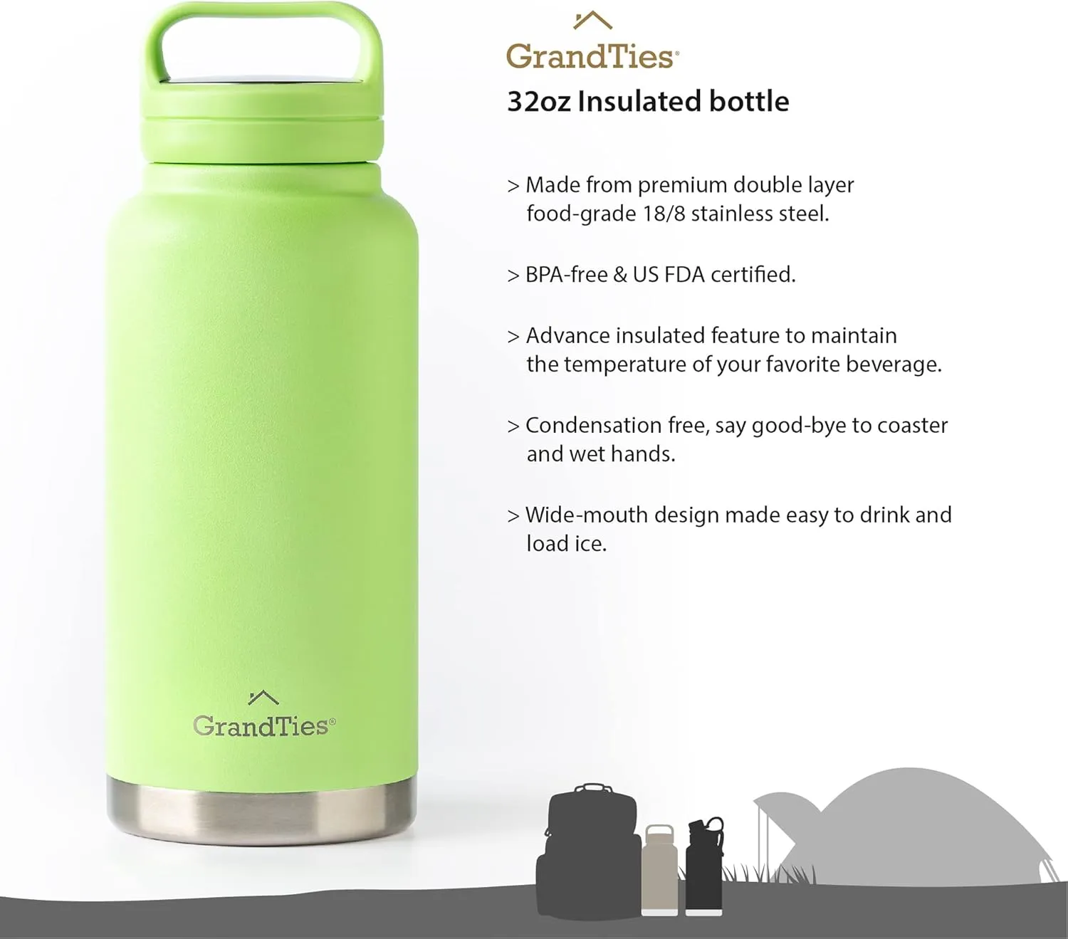 GRANDTIES 2 Lids Sports Stainless Steel Water Bottles – Wide Mouth Vacuum Insulated Reusable Leak Proof BPA-Free Travel Metal Canteen, Thermos Bottles for Men Women Gym (Fresh Mint 32 oz)